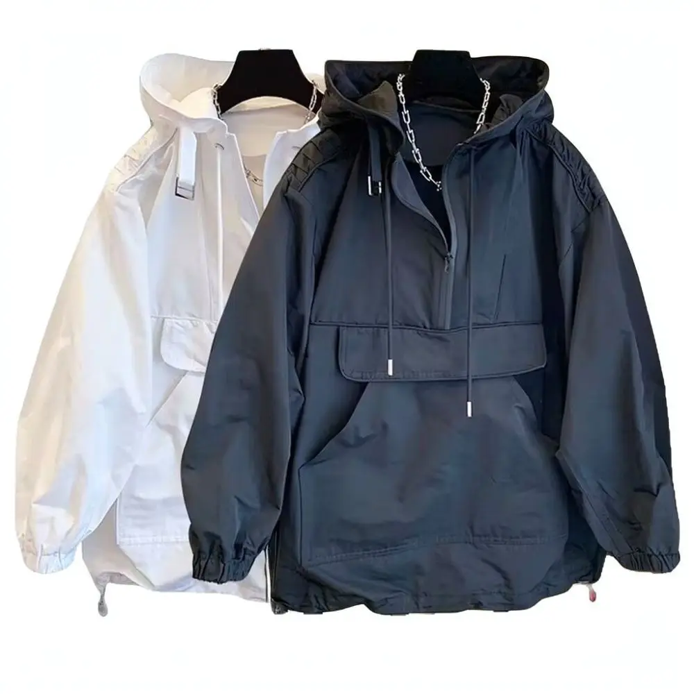 Mens Fashion Cargo Windbreaker Jacket Hooded Half Zip Loose Fit Casual Streetwear Autumn Sporty Utility Coat