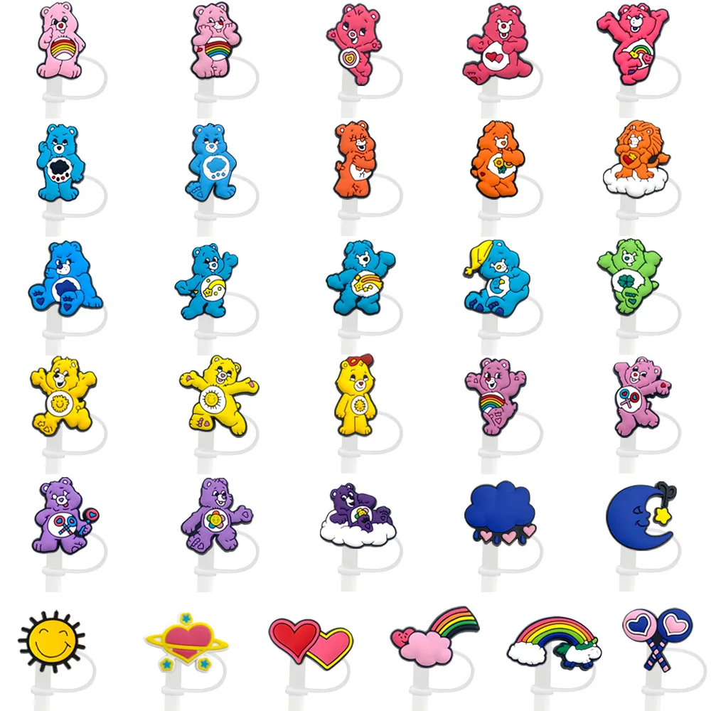 Hot Toy Rainbow Bear Straw Cover Cap for Reusable Drinking Dust Cap Glas Cup Accessories,Straw Toppers 10mm Silicone Straw Cover
