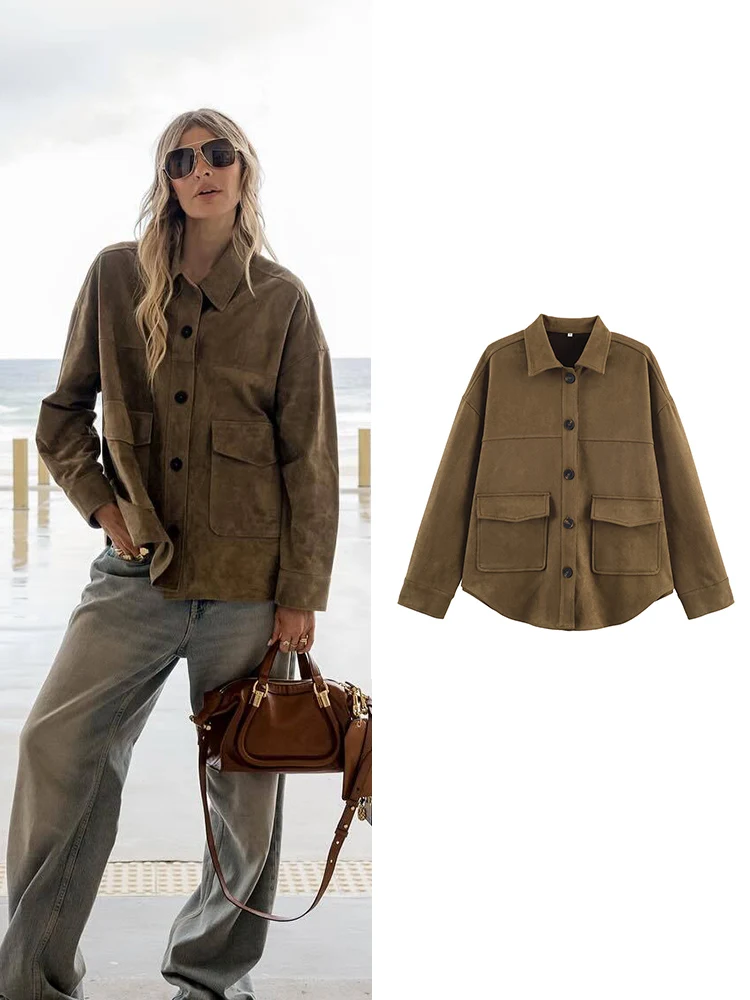 

TFMLN New Women Suede Shirt Jacket Spring Autumn Fashion Simple Single Breasted Long-Sleeved Shirt Coat Female Casual Jacket