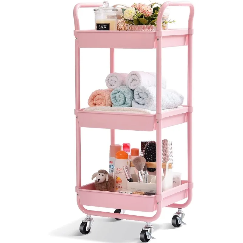 3-Tier Storage Rolling Cart, Kitchen Utility Cart with Wheels, Plastic Organizer Cart, Rolling Trolley Shelving Unit