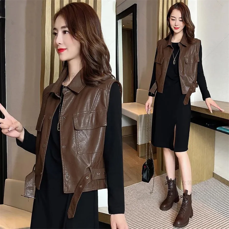 Hong Kong Style Leather Vest Female Spring Autumn 2023 New Fashion PU Leather Jacket Women\'s Vest Waistcoat Locomotive Clothing