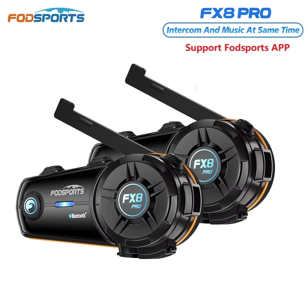 2pcs Fodsports FX8 Pro Motorcycle Helmet Intercom Bluetooth Headset Interphone,10 Riders 2000M,Dual Chip,Support APP.