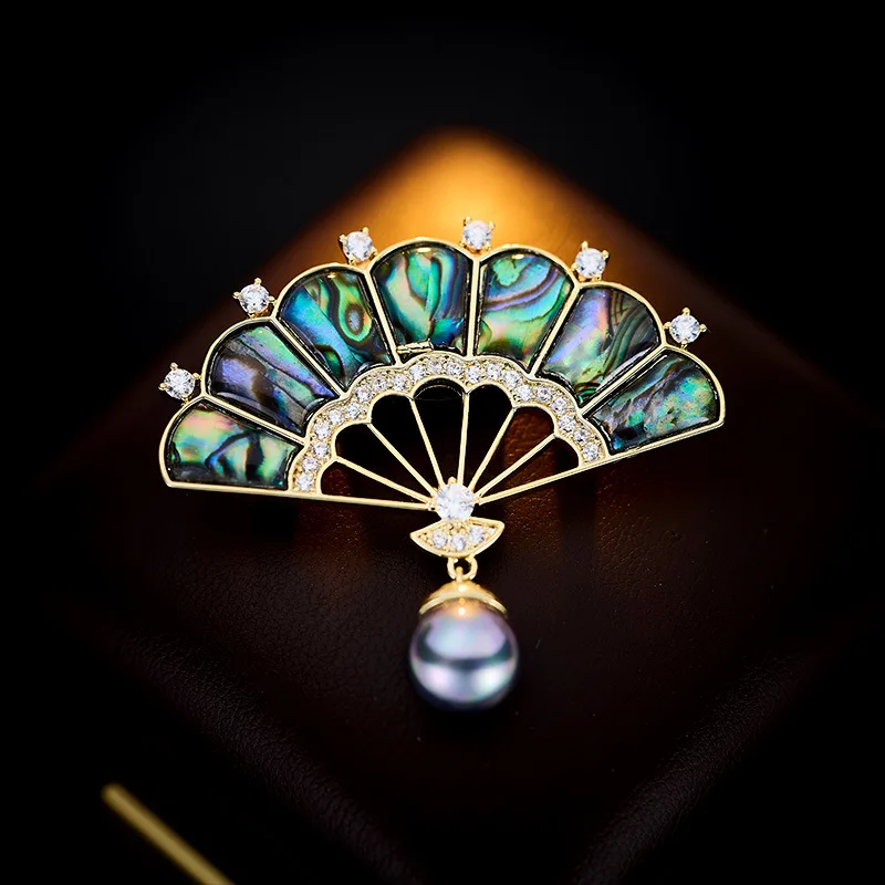 

National Trend Retro Chinese Style Cheongsam Dress Accessories for Women Elegant High-end Colorful Abalone Shell Pearl Fan-shape