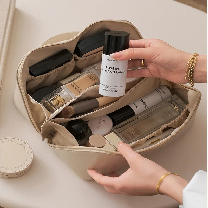 Bolsa de cosméticos de viaje de cuero grande para mujeres y niñas, organizador de cosméticos, bolsa de maquillaje de alta capacidad, bolsa de almacenamiento para caja de maquillaje femenina