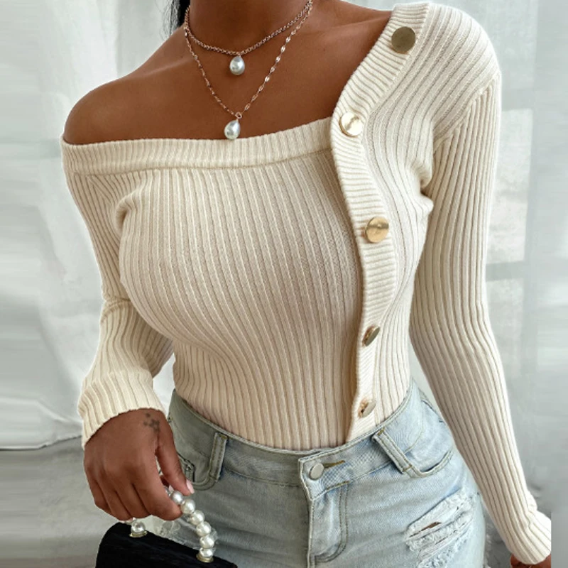 

Women Fashion Off Shoulder Long Sleeve Pullovers 2024 Autumn Sexy V-Neck Button Ribbed Knitted T-shirts Casual Female Streetwear