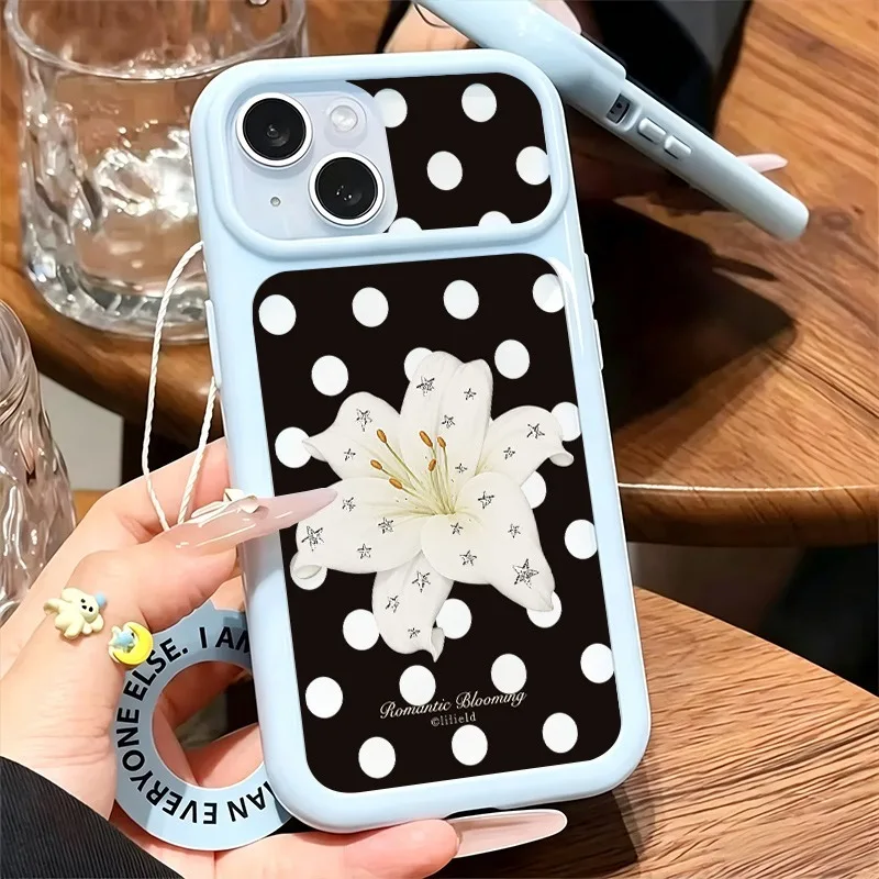 Black White Polka Dot White Lily Print Phone Case For iPhone 11-17 Series, Large Clear Window Shockproof Soft TPU Cover
