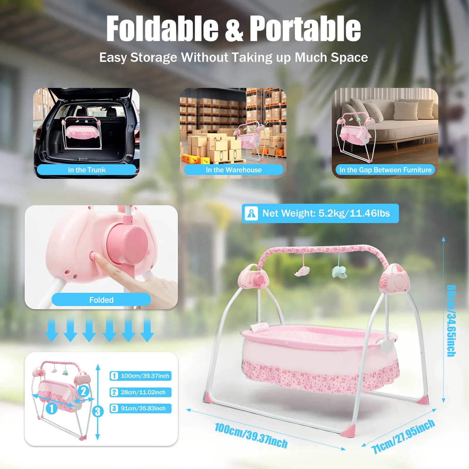 Electric Baby Crib Cradle, 0-18 Monthsinfant Bed, 25kg/55lbs Capacity, Foldable Baby Cradle Swing for Home/Travel（pink）