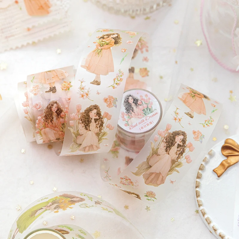 37.5mm * 200cm kız tutan çiçek serisi Kawaii karakter evcil hayvan bandı yaratıcı DIY dergisi kolaj dekor kırtasiye