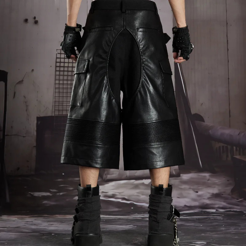 MWJLPWQ Leather Spliced Knee Length Cargo Shorts Pleat Panel Side Pockets Belt Unisex Gothic Punk Street Wide Leg Trousers 17136