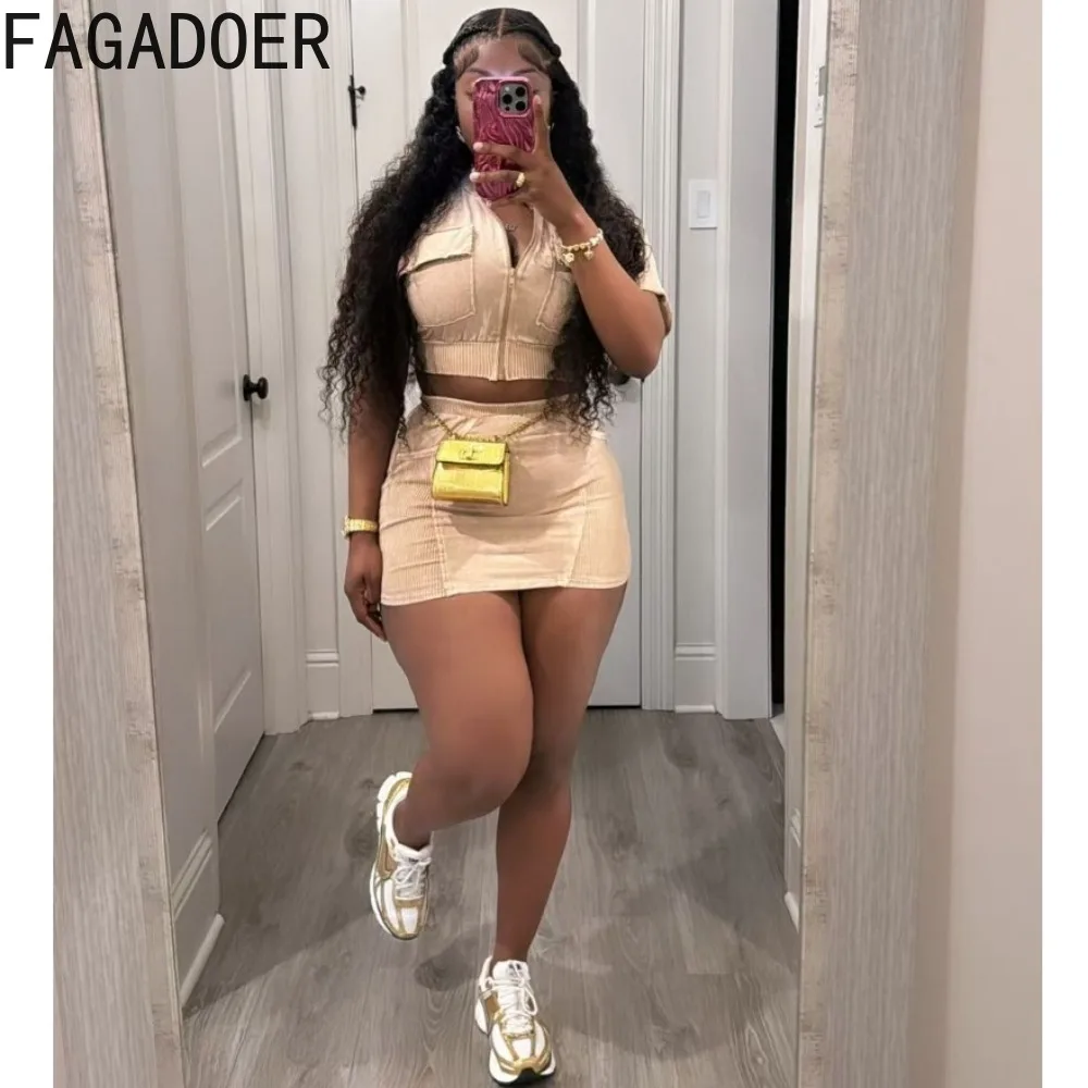 FAGADOER Summer New Solid Mini Skirts Two Piece Sets Women Zipper Short Sleeve Crop Top And Skirts Outfits Female 2pcs Clothing