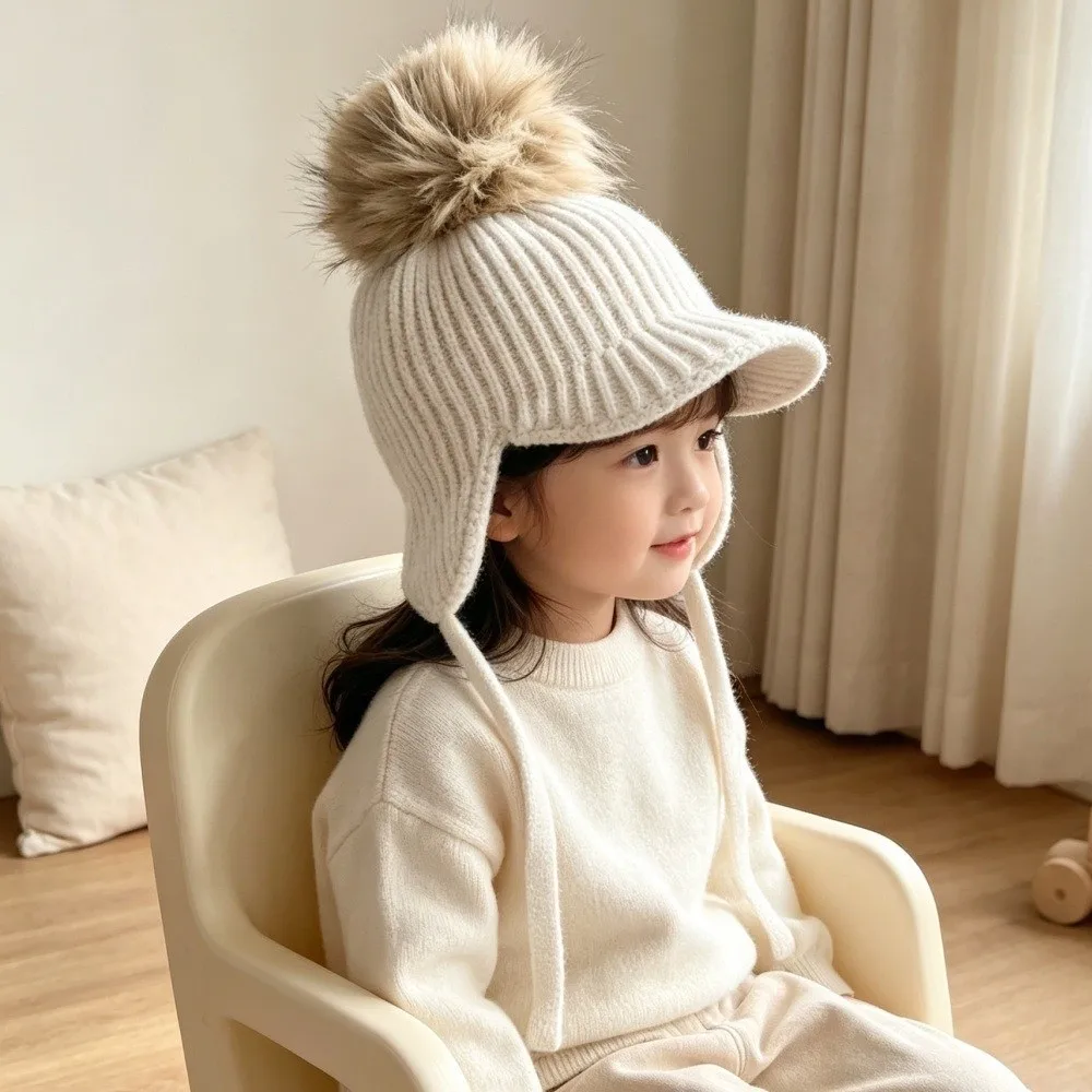 Thick Warm Ear Protection Hat Knitted Design Faux Fur Pom Pom Woolen Beanie Large Size Visor Style Knitted Visor Hat