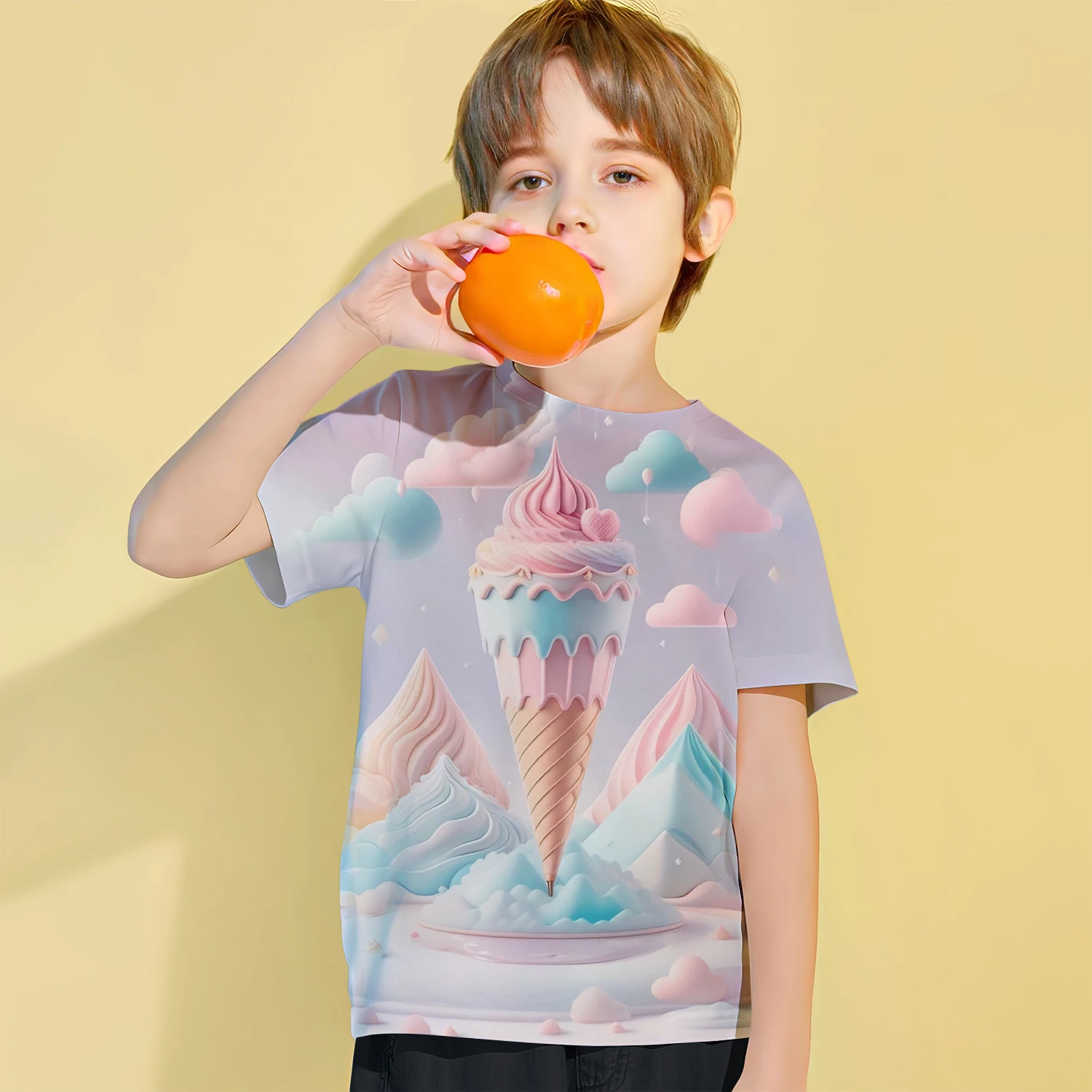 Children's Clothing Boy Girl T-Shirt Short Sleeve Kid Summer Clothes 3D Ice Cream Print Creative Casual Pink Round Neck Girl Top