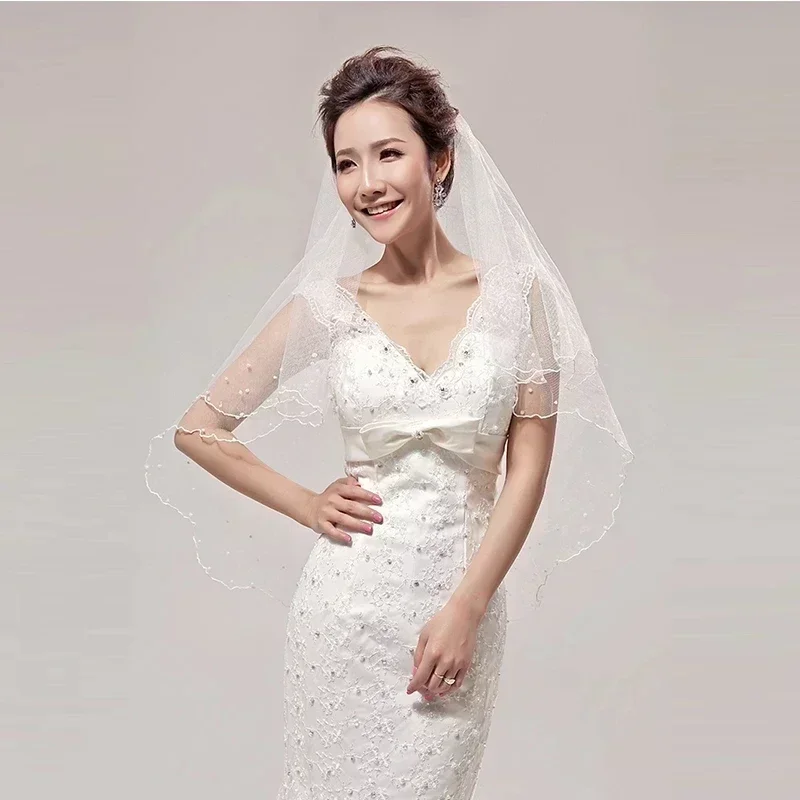 Simple Tulle Pearl Wedding Veils Two Layer Veil Bridal Accesories White / Ivory ACCESSORIES