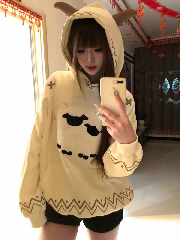 

Lamb Embroidered Hooded Sweater Women's Spring and Autumn New Coat