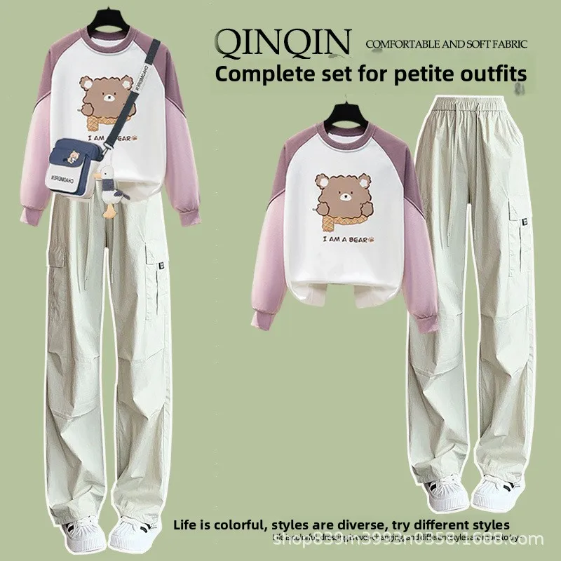 Spring Autumn Color Block Hoodie Casual Set Women's Small Size Student Korean Style Autumn Clothes College Style Two Piece Set