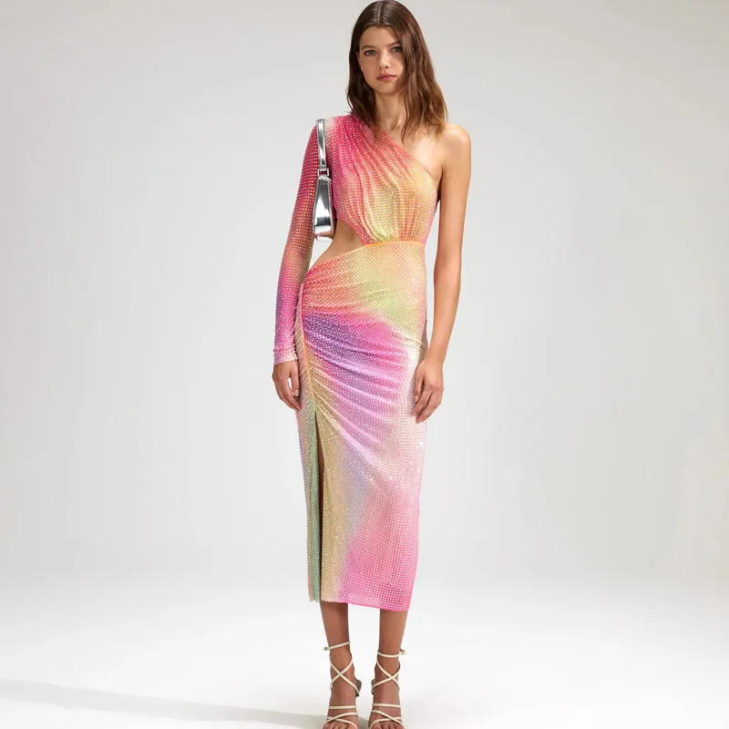 

New Arrival Color Gradient Rhinestone Sexy One-Shoulder Hollow Out Dress Fashion Socialite Party Banquet Gown