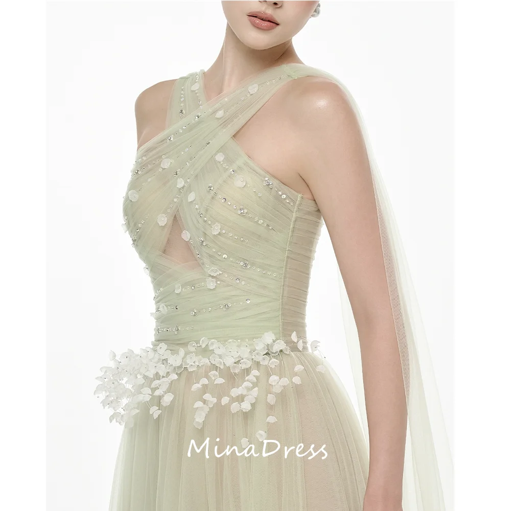 Mina Custom Transparent Luxury Elegant 3D Flower Sequin Gemstone Cross Strap Party Dress for Special Occasions