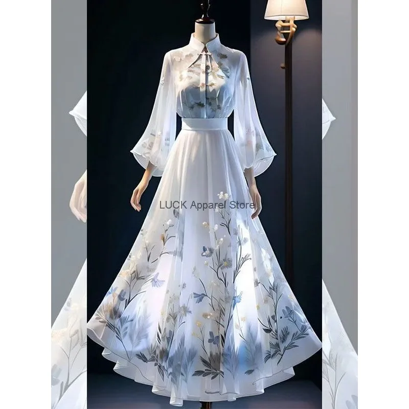 Spring New Chinese Hanfu Dress Set Women's Improved Elegant Top Fairy Half Skirt Set Two Pieces Set Chinese Style Dress