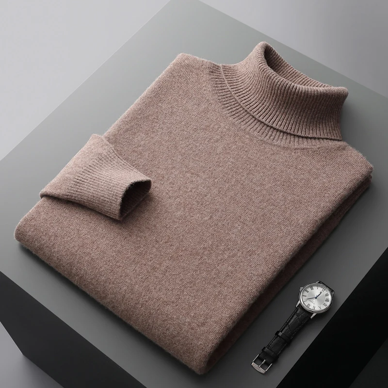 Autumn and winter new men's 100% beautiful slave wool high neck solid color knitted business cashmere sweater warm high-end top