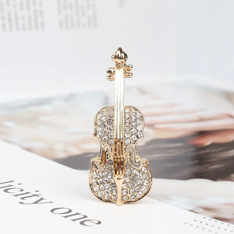 Fashion Violin Brooch For Women Clothing Accessories Jewelry Luxury Rhinestone Shiny Brooch Music Style Gift