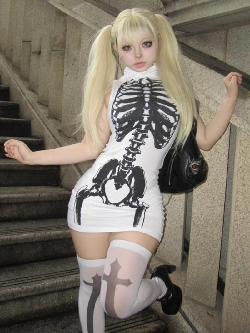

Women's Summer Dress Gothic Clothing Skeleton Print Turtleneck Sleeveless Mini Bodycon Dresses New Y2K Goth Tight Short Dresses