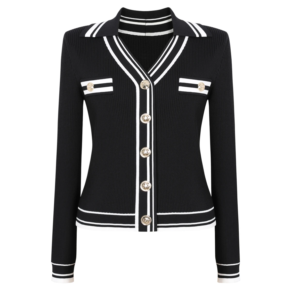 Primavera y otoño nueva moda viajero manga larga cuello empalme tira camisa de punto de las mujeres cárdigan versátil abrigo