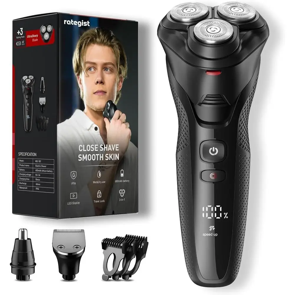 

3-in-1 Waterproof Electric Shaver for Men with Turbo and Precision Trimming, Cordless Travel Kit, Sleek Black