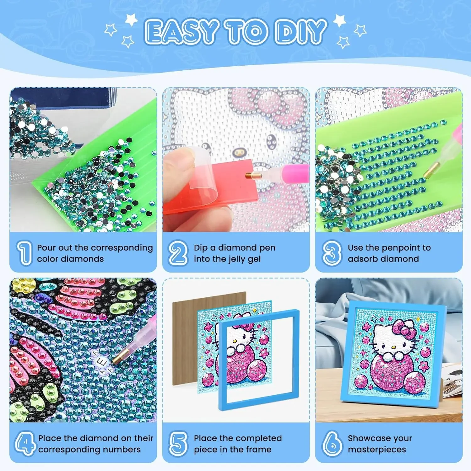 Sanrio-pintura de diamantes con marco de cristal completo para niños, pasta de diamantes DIY, regalo de decoración del hogar, lindo HelloKitty hecho a mano 5D