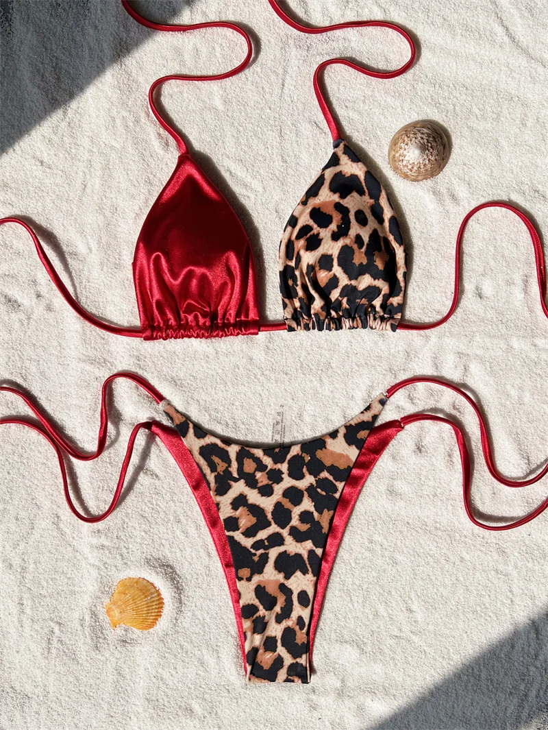 

Halter Bandage Leopard Patchwork Bikini Set Woman Sexy Backless Swimsuit Women Swimwear Ladies BathingSuit Swimming Suit