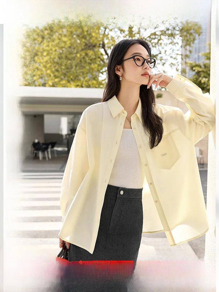 

Women's Loose Fit Embroidered irt Casual Sle Long Sve Collared Top Breathable Lenzing Lyocell Fiber Autumn New Arrival