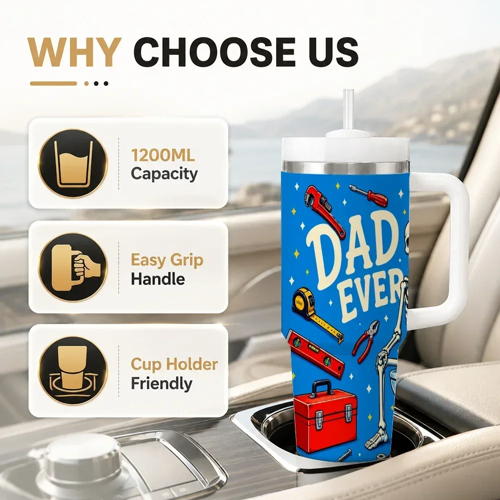 Dad Mode Skeleton Tools Vacuum Flasks 40oz Leakproof Steel Tumbler w/ Lid Straw Handle Hot Cold Drinks