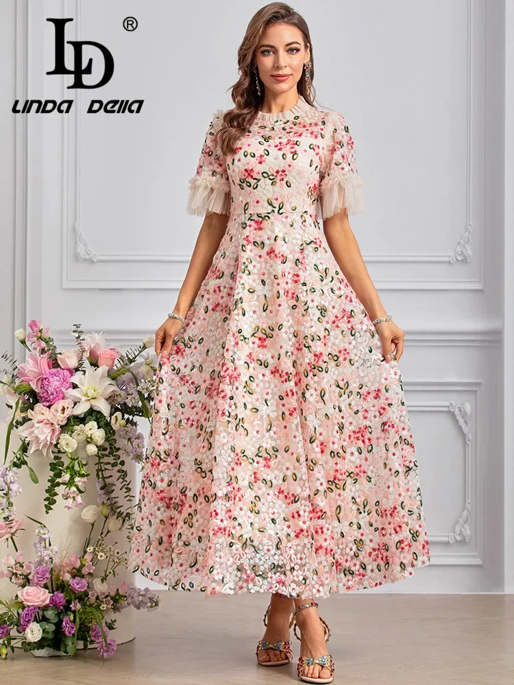 LD LINDA DELLA Summer Runway Fashion Dresses Women's Bohemian Net Yarn Flowers Sequins Temperament Gorgeous Dresses Sizes S-4XL