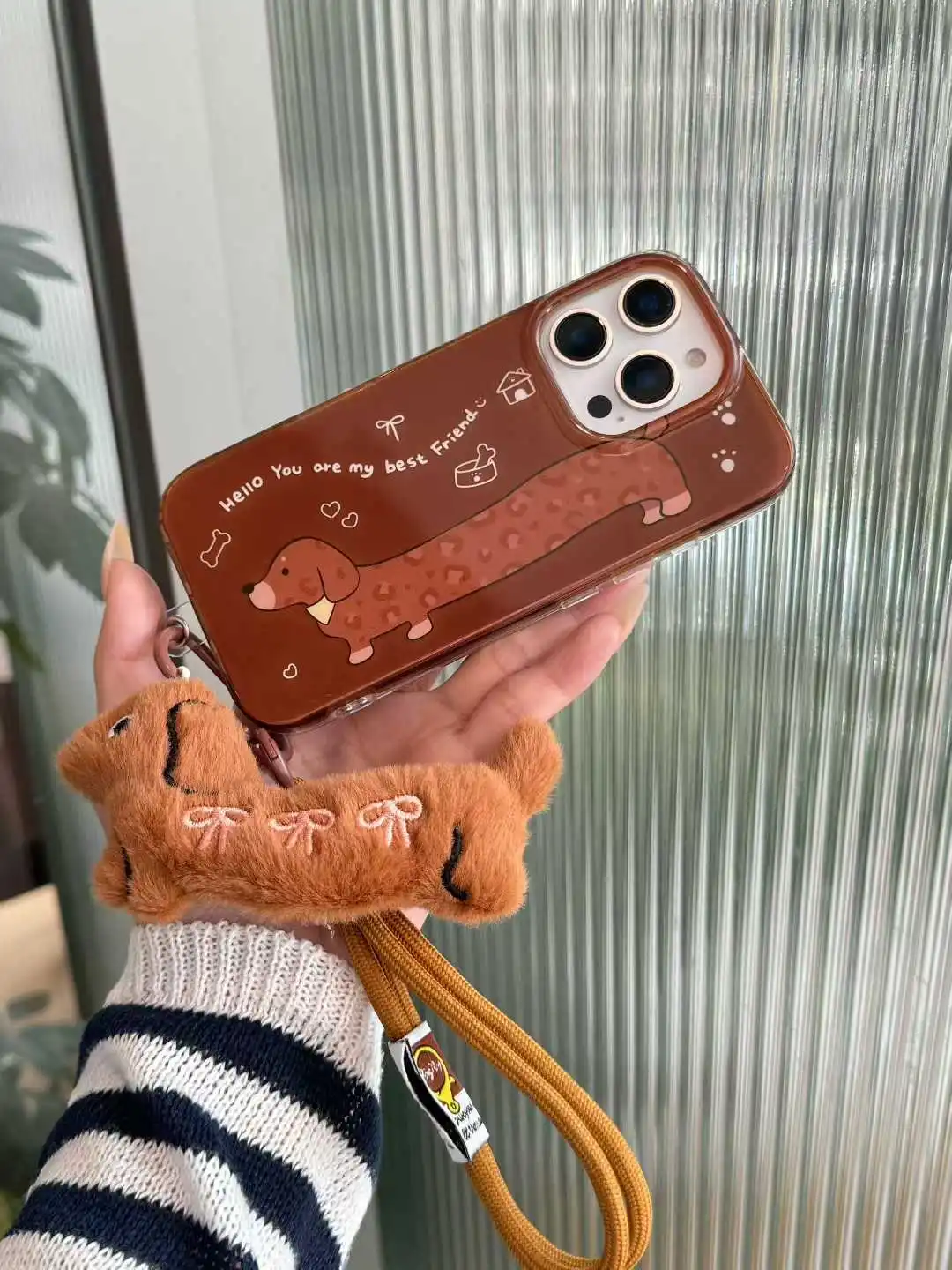 

Korean Cute Plush Dachshund Dog lanyard Phone Case For iPhone 17 16 15 14 13 Pro Max Lovely Animal Cartoon Soft Back Cover