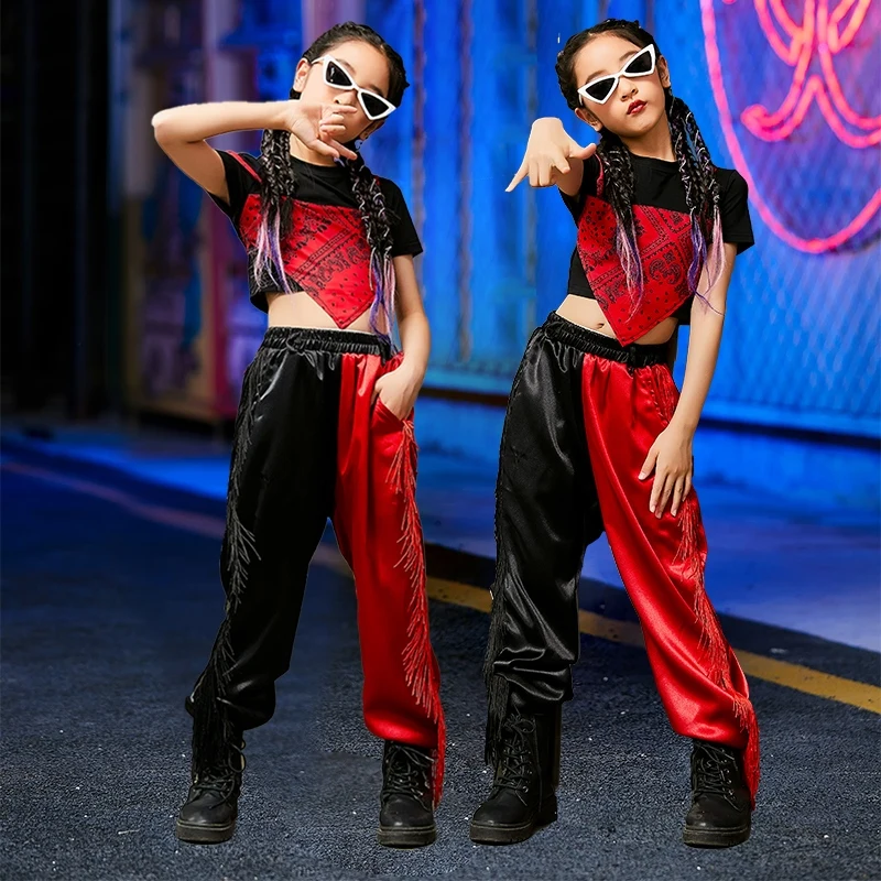

Kids Clothing Red Loose Hip Hop Suit Chinese Style Modern Jazz Dance Performance Stage Costumes For Girls Streetwear DQS15643