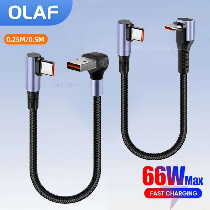 66W 90 Degree Elbow Short USB A/USB C To Type C Fast Charging Data Cable For iPhone 16 15 Power Bank 0.15/0.25/0.5m USB C Cable