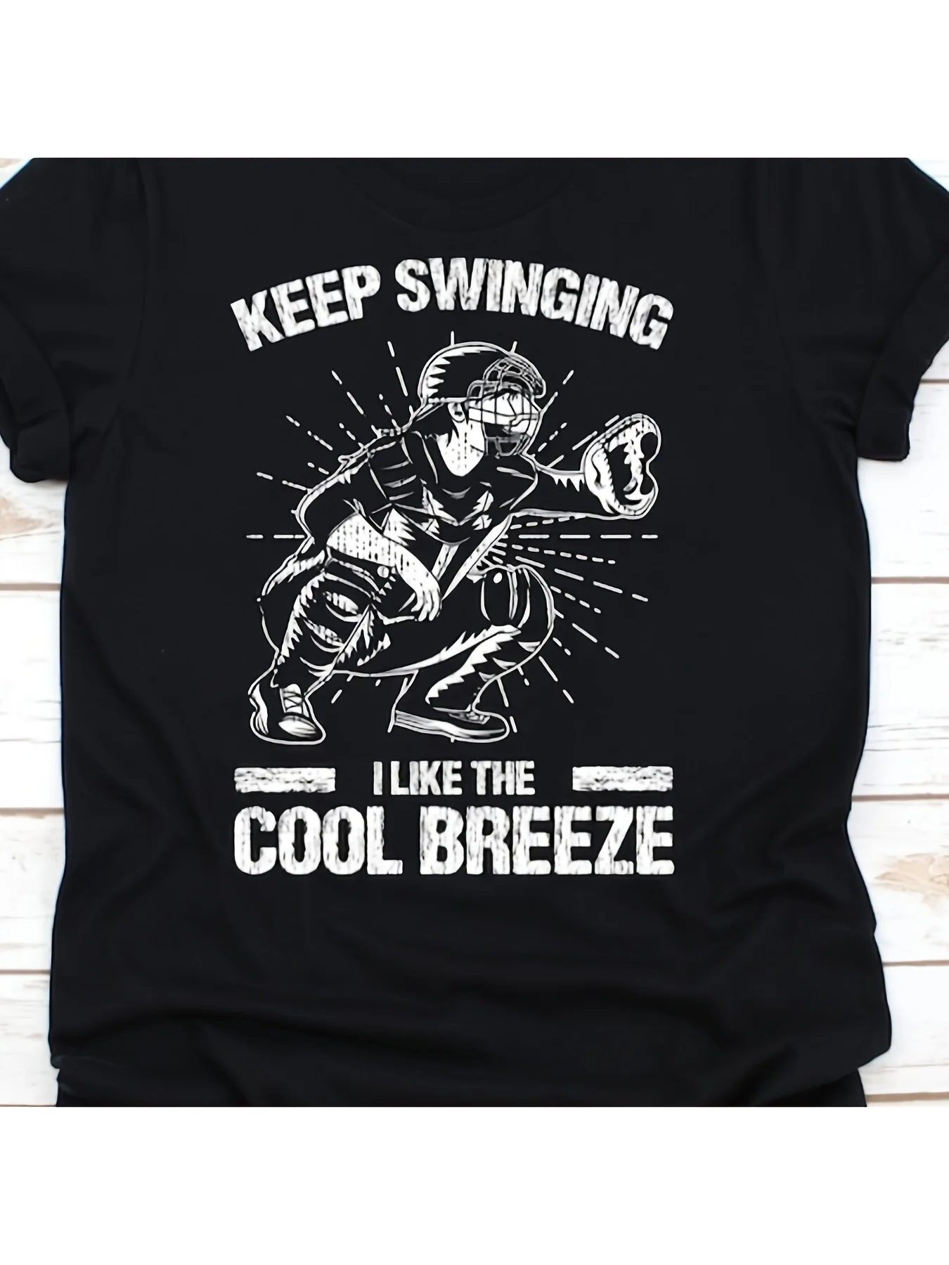 A Men'S Baseball Catcher Graphic T-Shirt - Breathable Short Sleeves Featuring an Inspirational Print Saying 'Keep Winin', Suitab
