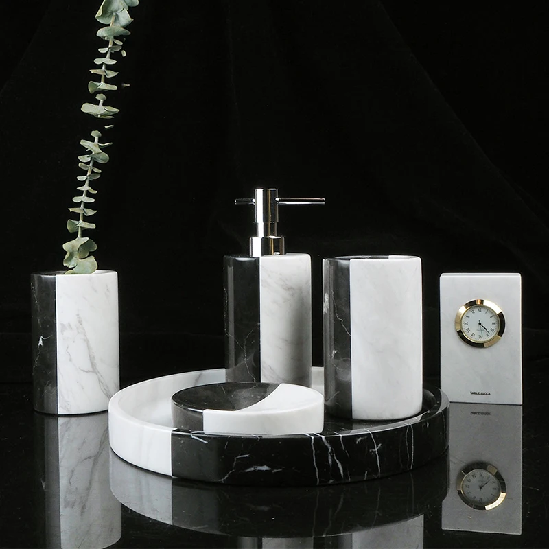 Wholesale Customized Black White Natural Marble Set Bathroom Soap Dispenser Cotton Swab Holder Toothbrush Holder Dish Tray