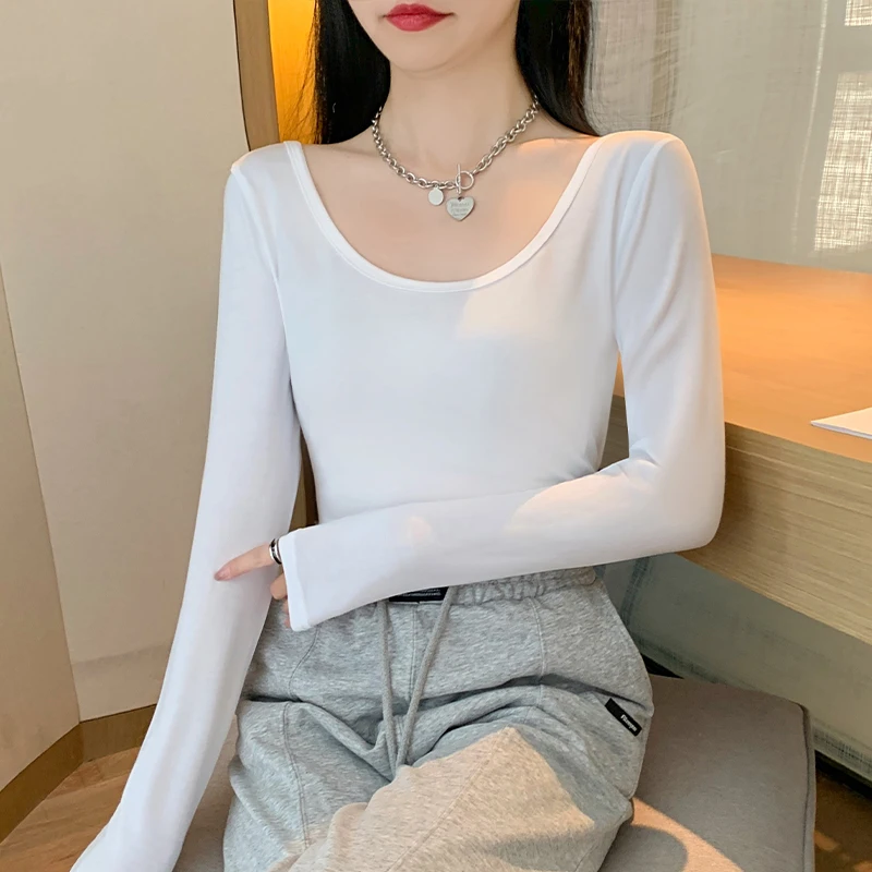 Solid Color Crew Neck Long Sleeve Tee for Women - Office & Street Style
