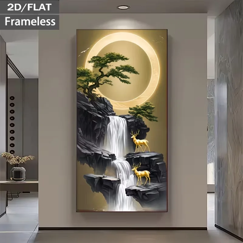 2D Flat, 1pc Frameless Canvas Printed Poster, Canvas Wall Art, Canvas Oil Painting, Golden Deer on Rocky Cliffs Beside Waterfall