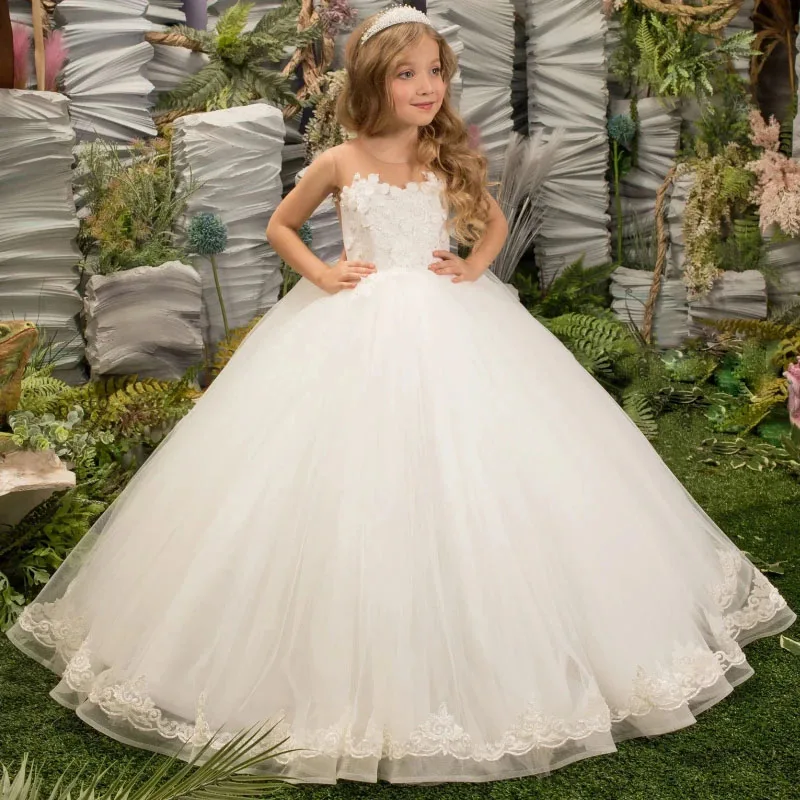 white Flower Girl dress luxury appliques tulle kids formal occasion Can bespoke prom Graduation gala birthday party wedding gown