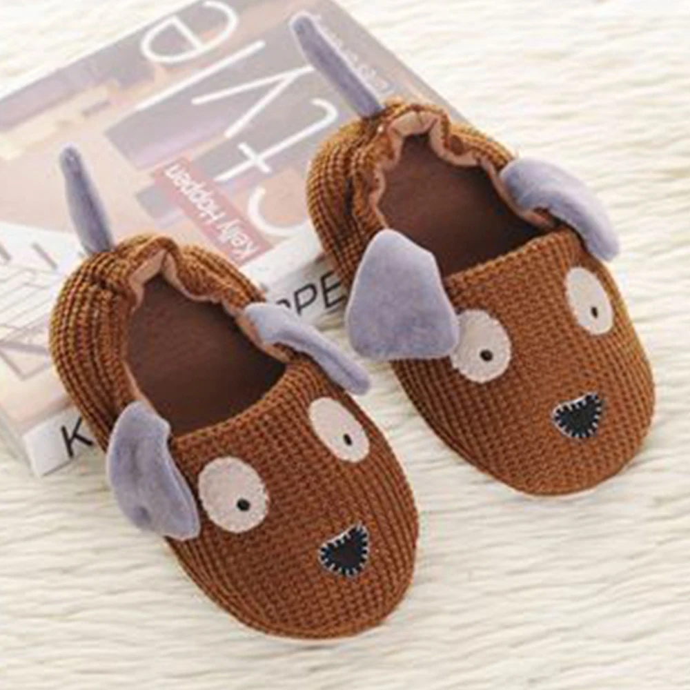 

Fashion Toddler Boys Slippers Winter Knitted Baby Loafers Plush Warm Cartoon Dogs Rubber Sole Children Home Shoes House Footwear