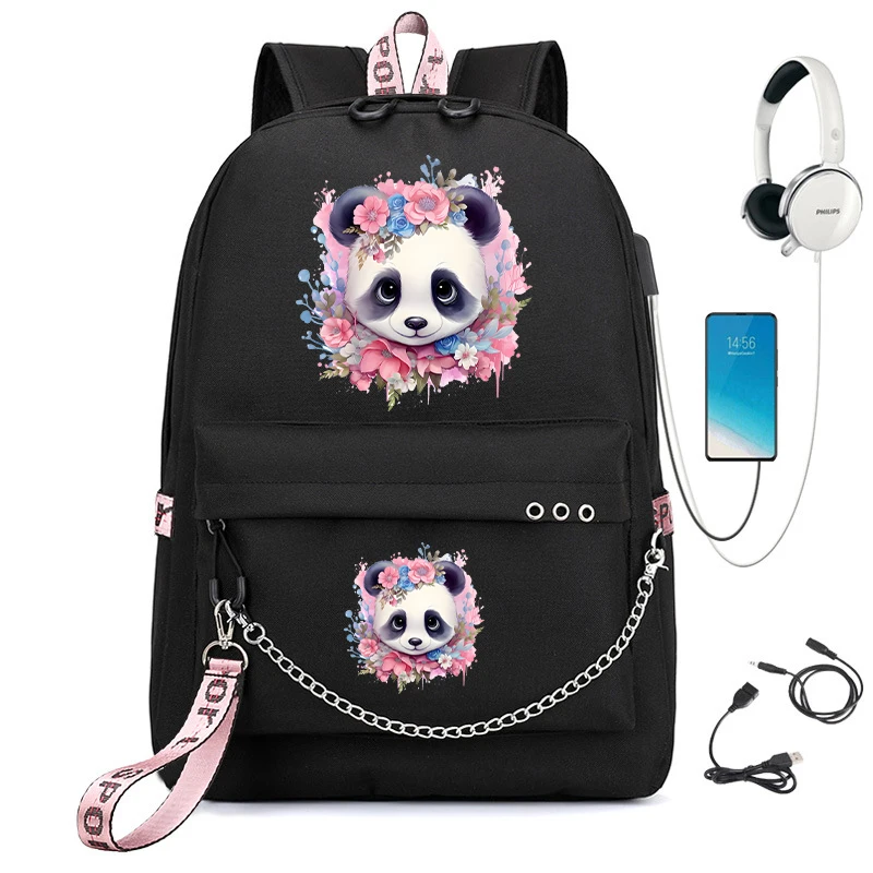 Cute Flower Panda Mochila para Lady, Carregamento USB, Mochilas Escolares da Faculdade, Feminino, Adolescente Laptop, Moda, Novo