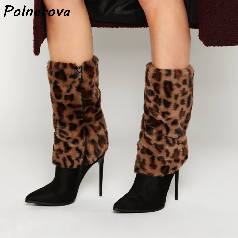 Furry Leopard Mid Calf Boots Brown Black Turn Over Edges Pointy Toe Thin Heels Slip On Shoes Women's Winter Warm Fashion Shoes