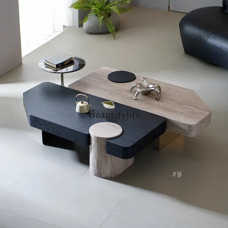 

04ld14 Irregular Square Coffee Table with Drawer Home Creative High-end Feel Coffee Table Set Wabi-sabi Style