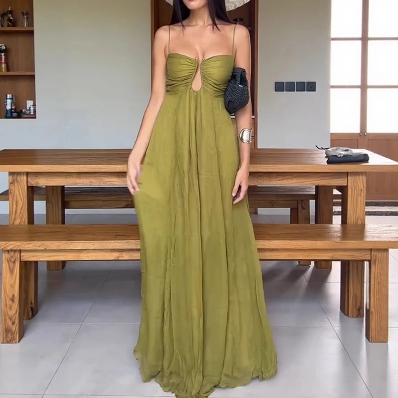 Abito lungo con bretelle senza maniche per le vacanze estive Abito da sera sexy con pieghe senza schienale e taglio basso Abito elegante da donna a vita alta per il tempo libero