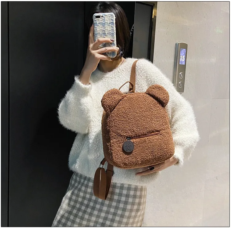 Mochila bonita de felpa con orejas de oso para niños y adultos, bolso de hombro de lana de cordero, bolsos coreanos de alta capacidad para padres e hijos, mochilas para niños y niñas