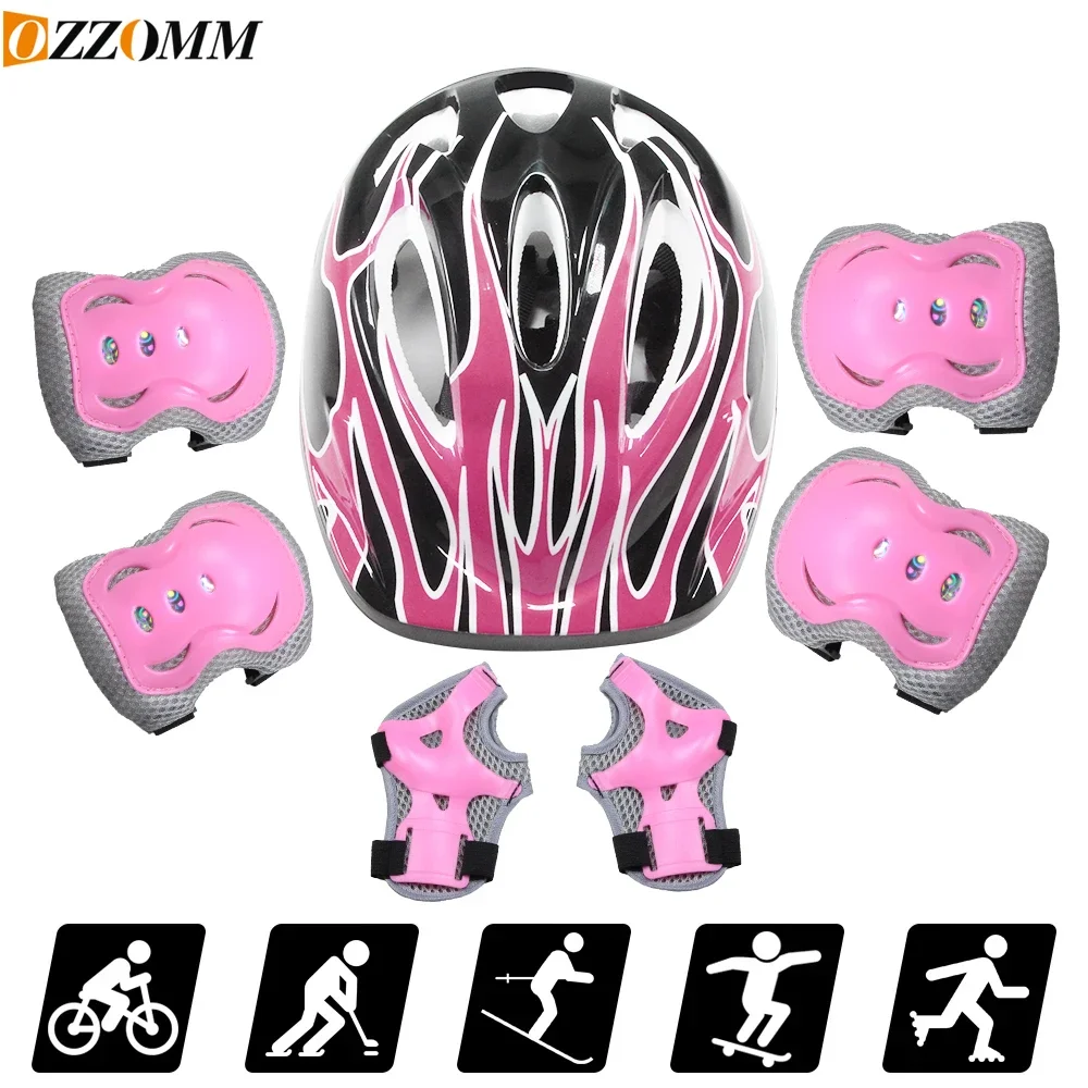 Set de 7 Piezas de Protección para Niños: Casco de Bicicleta, Rodilleras para Skateboard, Coderas y Muñequeras Ajustables para Niñas y Niños, para Deportes, Patinaje y Scooter