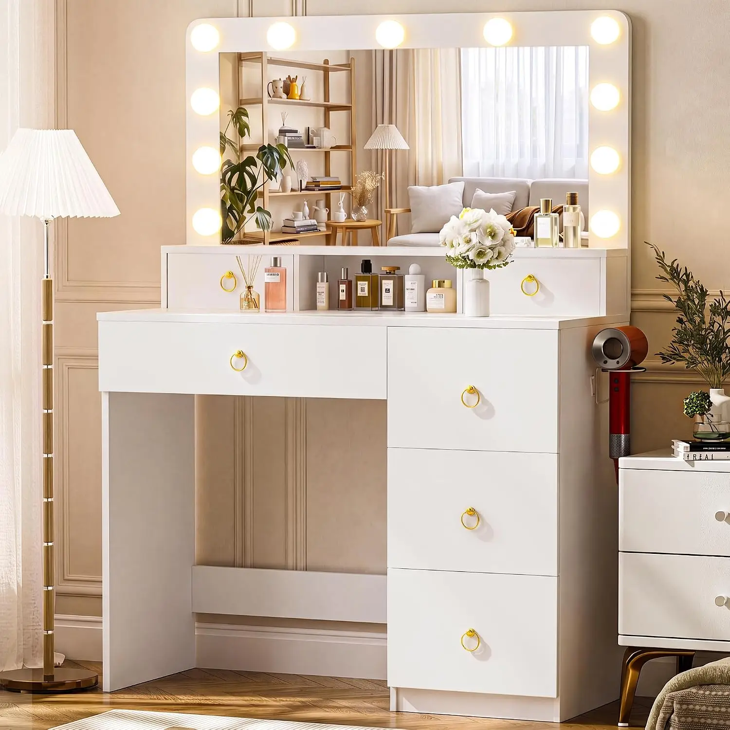 Makeup Vanity Desk with Mirror and Lights, Vanity Table with Divided Drawer and Storage Cabinet, 32In Full Size Mirror