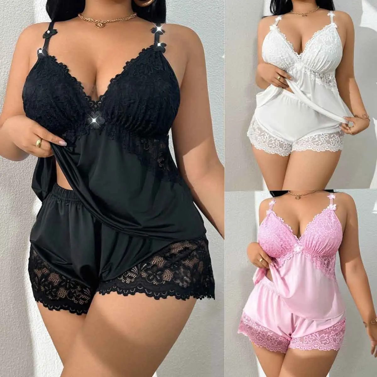 

Women's Sexy Nightgown Set Sleepdress Plus Size Lace Sling Home Pajamas Two Piece Set Sleepwear Night Dress