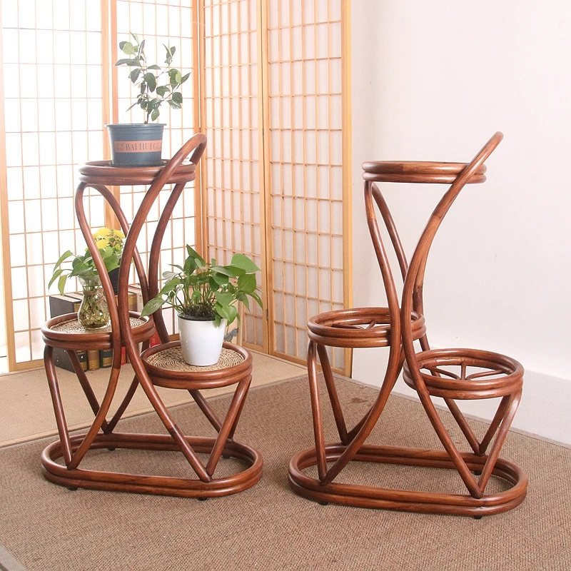 Indoor/Outdoor Shelf for Balcony & Living Room Boho Woven Flower Holder with Storage Space Rattan Floor Plant Stand Multi-Tier